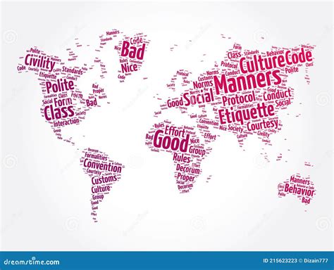 Manners Word Cloud In Shape Of World Map Concept Background Royalty