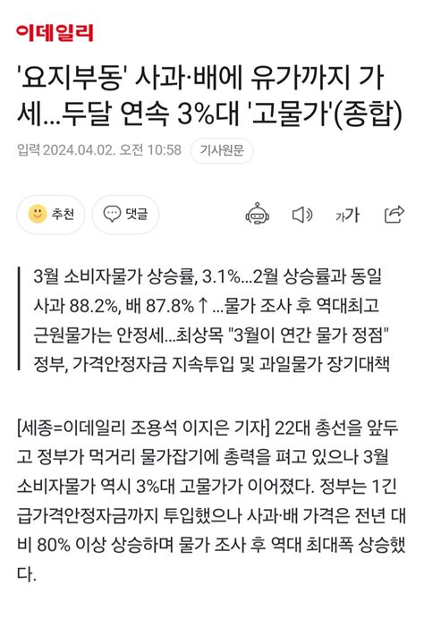 요지부동 사과·배에 유가까지 가세두달 연속 3대 고물가종합 정치시사 에펨코리아