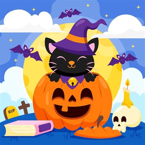 Gato de halloween de diseño plano Vector Gratis