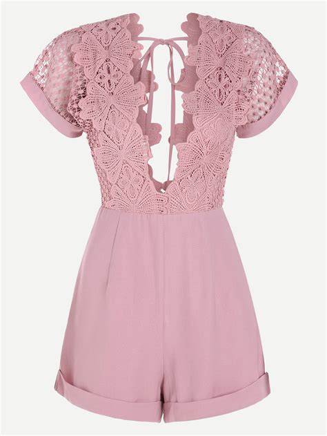 Plunging V Neckline Contrast Lace Playsuit Shein Sheinside