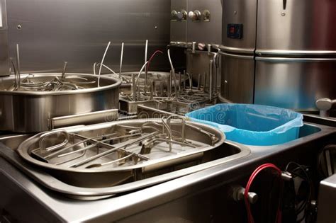 Surgical Instruments Being Sterilized In Autoclave With Steam Rising