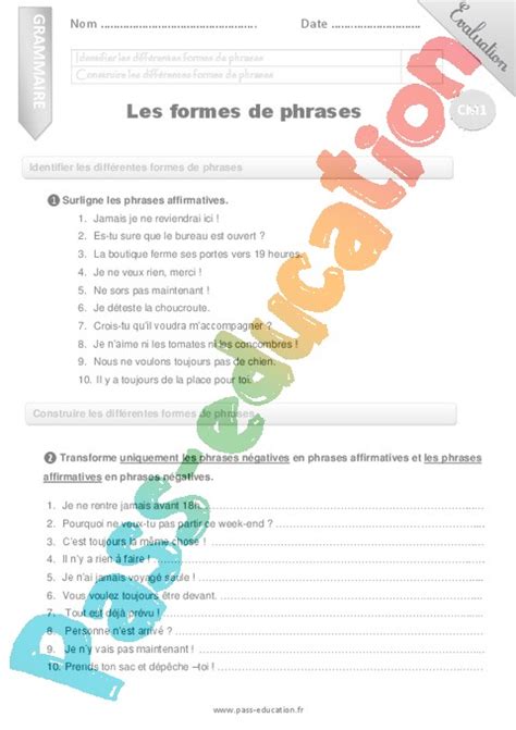 Evaluation Formes De Phrases Cm Cycle Bilan Et Controle