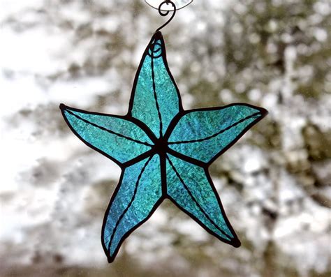 Starfish Stained Glass Suncatcher Aqua Blue Iridescent Beach Decor