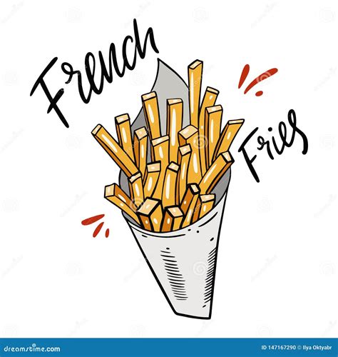 French Fries Cartoon Styel Hand Drawn Vector Illustration Isolated On