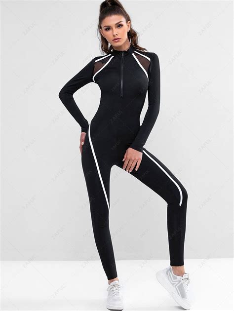 [32 Off] 2020 Zip Front Mesh Panel Stretchy Unitard Gym Jumpsuit In