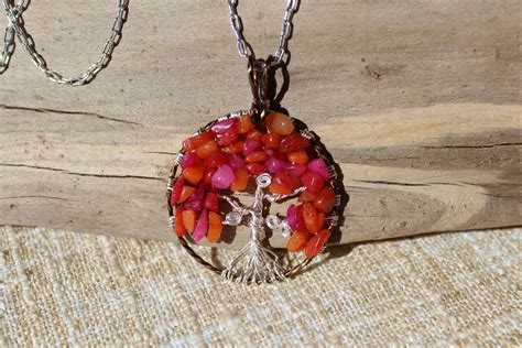 Pinks Reds And Oranges Tree Of Life Pendant Necklace