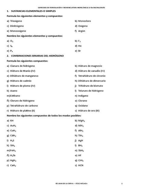 Ejercicios Formulación Inorganica 1º Bch Pdf Hidróxido Hidrógeno