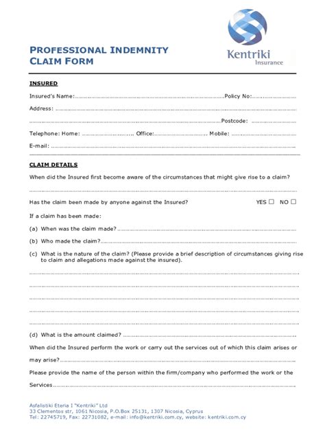 Fillable Online Professional Indemnity Claim Form Cgu Insurance Fax