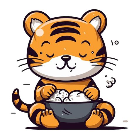 Tigre de desenho animado fofo uma tigela de arroz ilustração