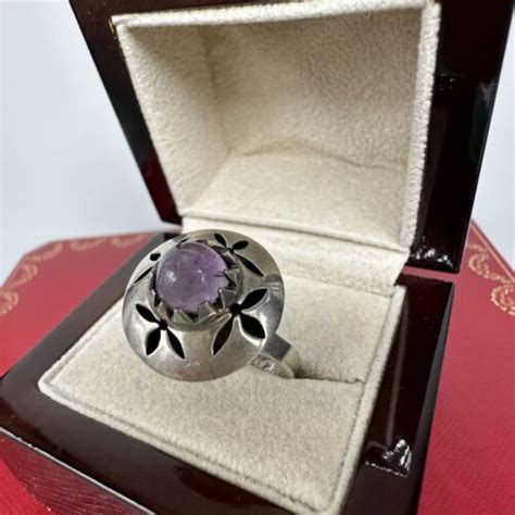 Vintage Taxco Mexico Sterling Silver Open Work Ring Purple Cabochon