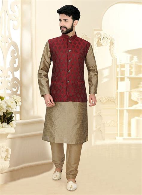 Khaki Ceremonial Kurta Payjama With Jacket Groom Dress Men Wedding