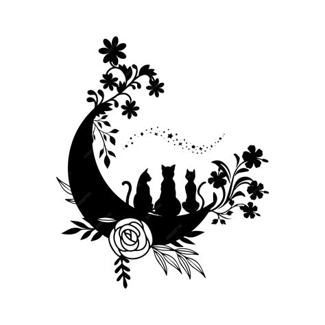 Premium Vector A Black Cat On A Moon With Flowers On It