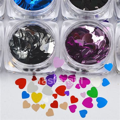 12 Pots Mixed Size Acrylic Heart Shape Nail Decoration Shining Manicure