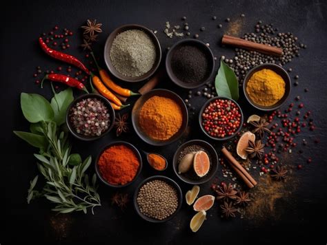 Premium Photo Set Of Various Spices On Black Rustic Background