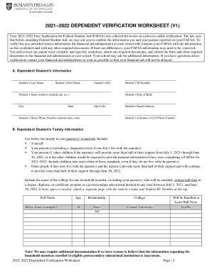 Fillable Online V Verification Worksheet Dependent Student