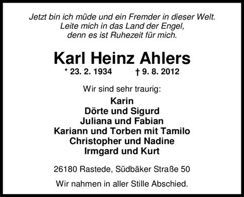 Traueranzeigen Von Karl Heinz Ahlers Nordwest Trauer De