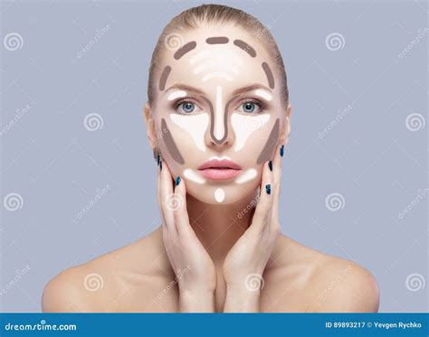 Contouring Make Up Woman Face On Grey Background Contour And Highlight Makeup Stock Image