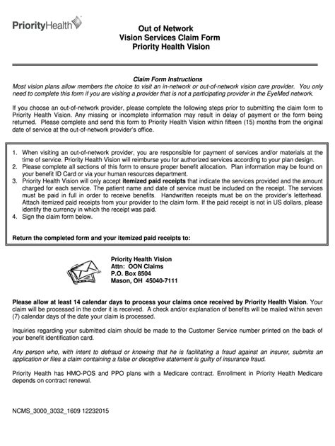 Fillable Online Priority Health Vision Out Of Network Claim Form Form