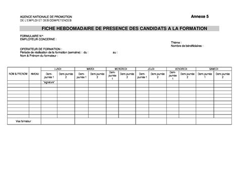 Annexe 5 Fiche hebdomadaires de présence des candidats à la formation