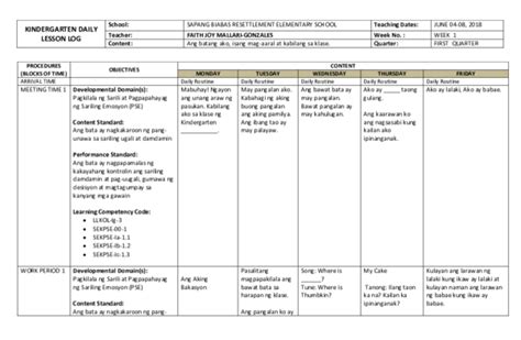 Doc Kindergarten Daily Lesson Log