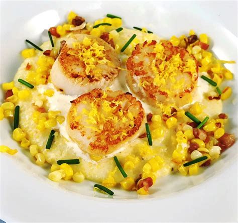 Scallops With Lemon Butter Cream Sauce Cheese Grits With Fresh Corn