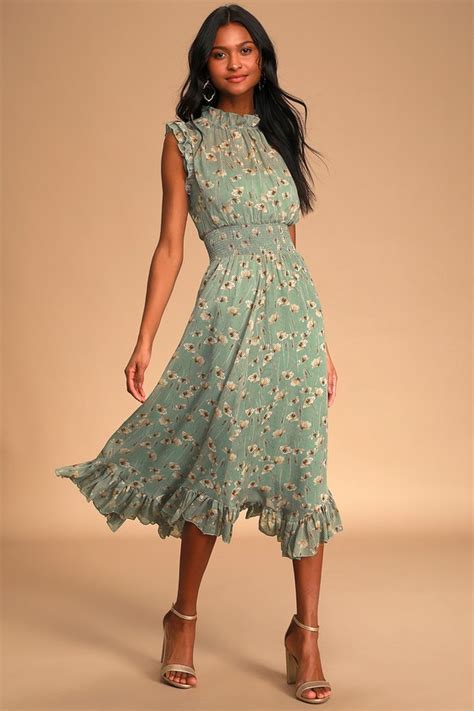 Ruffled Floral Dress - Green Floral Midi Dress - Chiffon Dress - Lulus