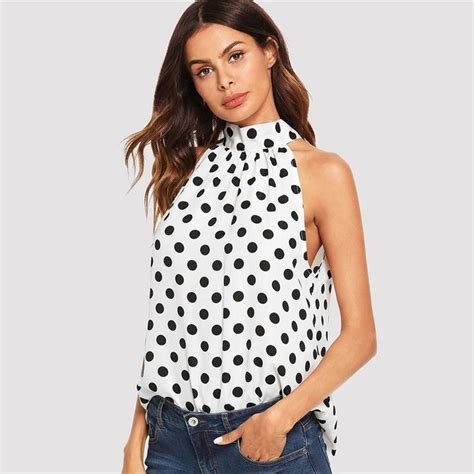 Womens Summer Casual Sleeveless Blouse With Polka Dot Print Polka Dot Print Blouse Halter