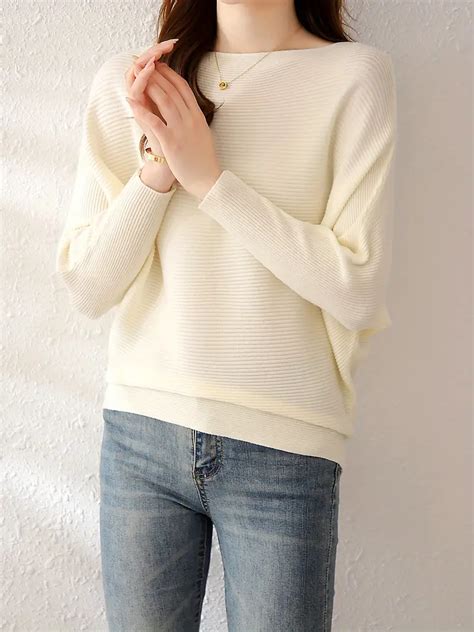 Solid Batwing Sleeve Knit Sweater Casual Boat Neck Sweater Temu