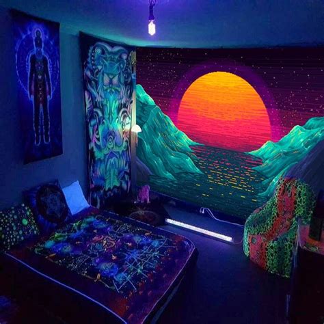 Vaporwave Uv Blacklight Tapestry Sun And Ocean Wall Hanging