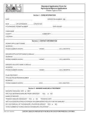 Fillable Online Dhec Sc Standard Application Form For Agricultural