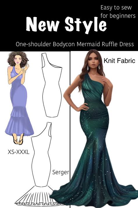 One Shoulder Mermaid Dress Sewing Pattern Pdf 7 Sizes Mermaid Vacation