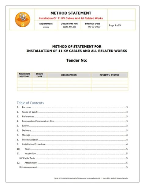 Method Statement For Installations And Testing Of 11kv Cables Qhse Docs