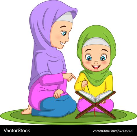 Muslim Woman Teaching His Daughter Read Quran Vector Image