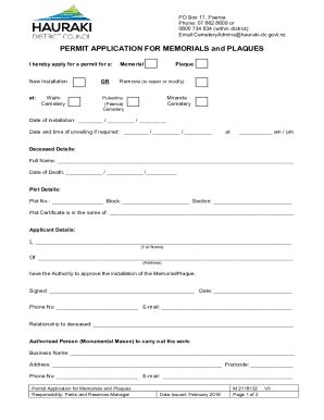 Fillable Online PERMIT APPLICATION FOR MEMORIALS And PLAQUES Fax Email