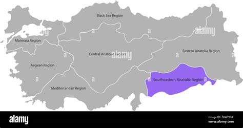 Vector isolated simplified map of Turkey regions. Marked Southeastern ...