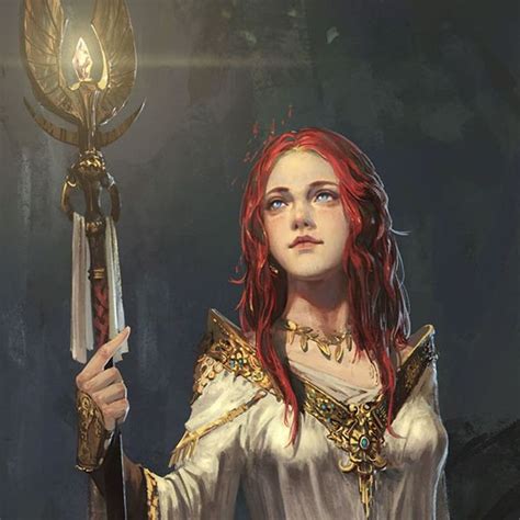 Red Hair White Gown Staff Priestess Cleric Female Woman Girl