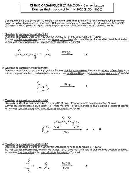 Examen Course Chimie Organique Ii Chm Samuel Lauzon