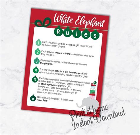 White Elephant Gift Exchange Rules Printable