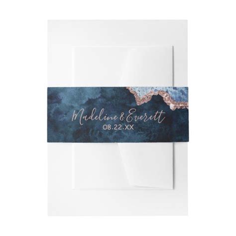 Navy Blue Rose Gold Agate Marble Wedding Monogram Invitation Belly Band