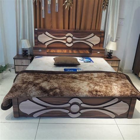 Full Size Brown Polished Oak Wood Double Bed With Storage At Rs