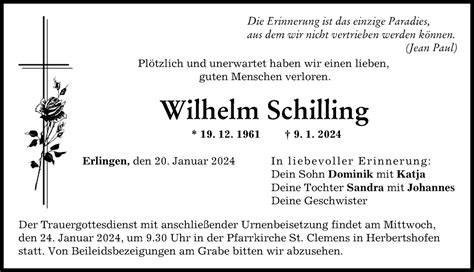 Traueranzeigen Von Wilhelm Schilling Augsburger Allgemeine Zeitung