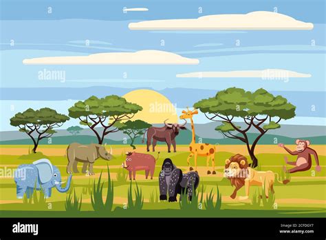 Set Von Cartoon Afrikanische Tiere Hintergrundlandschaften Savanne