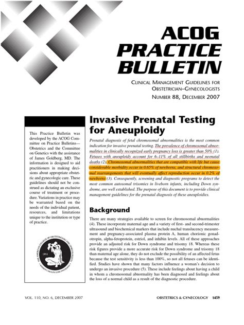 Acog 2007 Invasive Prenatal Testing For Aneuploidy Down Syndrome