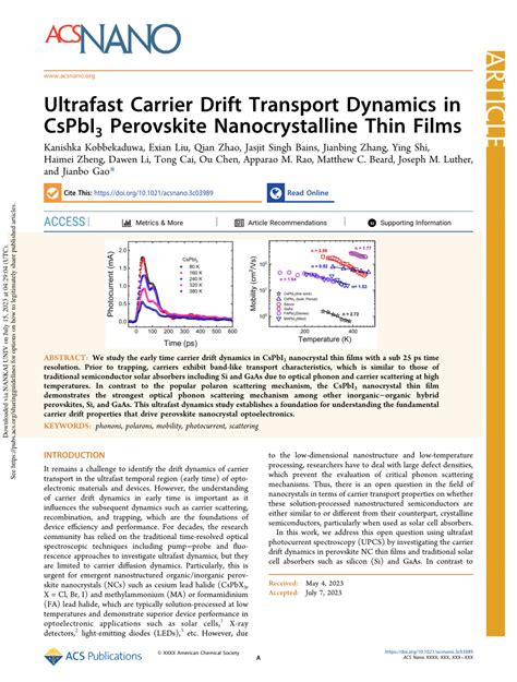 PDF Ultrafast Carrier Drift Transport Dynamics In CsPbI3 Perovskite