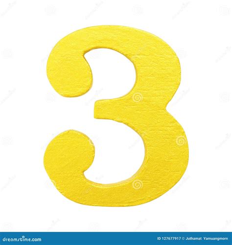 Golden Yellow Wood Number 3 Or Three Isolated White Background Stock