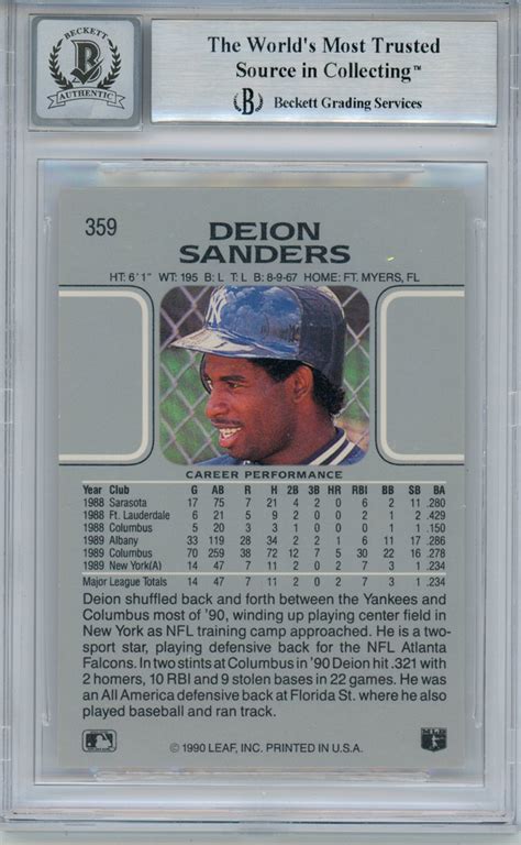 Deion Sanders Autographed Signed 1990 Leaf Rookie Card Bas 10 Slab Denver Autographs