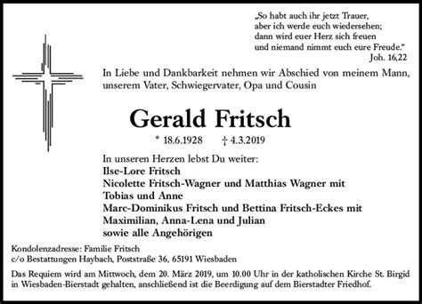 Traueranzeigen Von Gerald Fritsch Vrm Trauer De