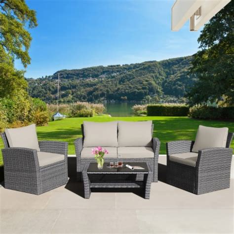 Gymax 4PCS Patio Rattan Conversation Set Outdoor Furniture Set W Khaki