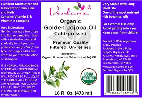 Organic Verdana Usda Certified Organic Golden Jojoba Oil Cold Pressed