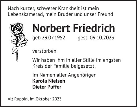 Traueranzeigen von Norbert Friedrich Märkische Onlinezeitung Trauerportal